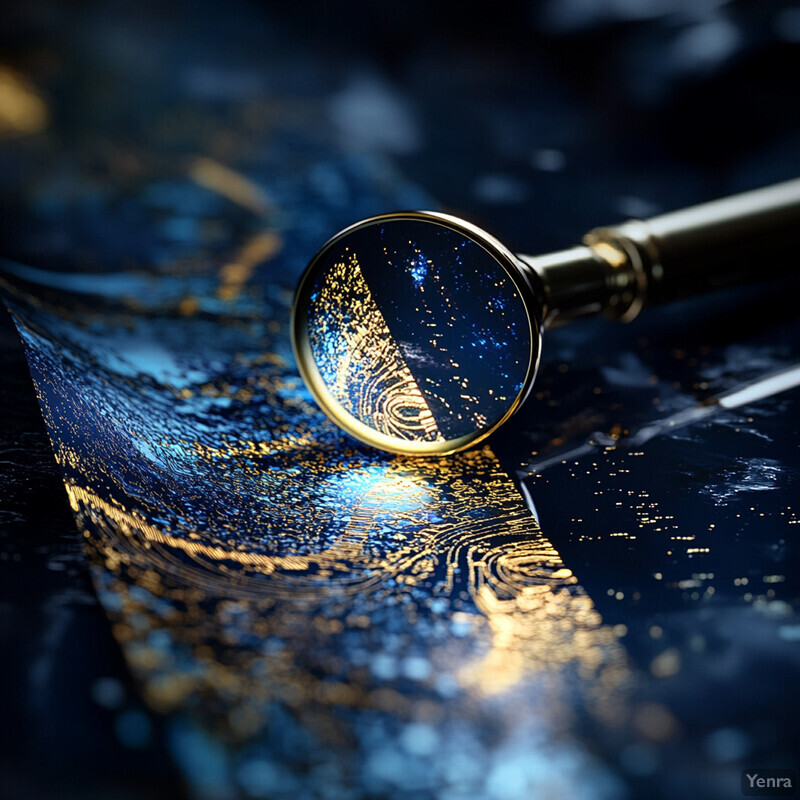 A magnifying glass is positioned over an abstract design featuring curved lines and dots in gold against a dark blue backdrop, suggesting a focus on technology or data visualization.