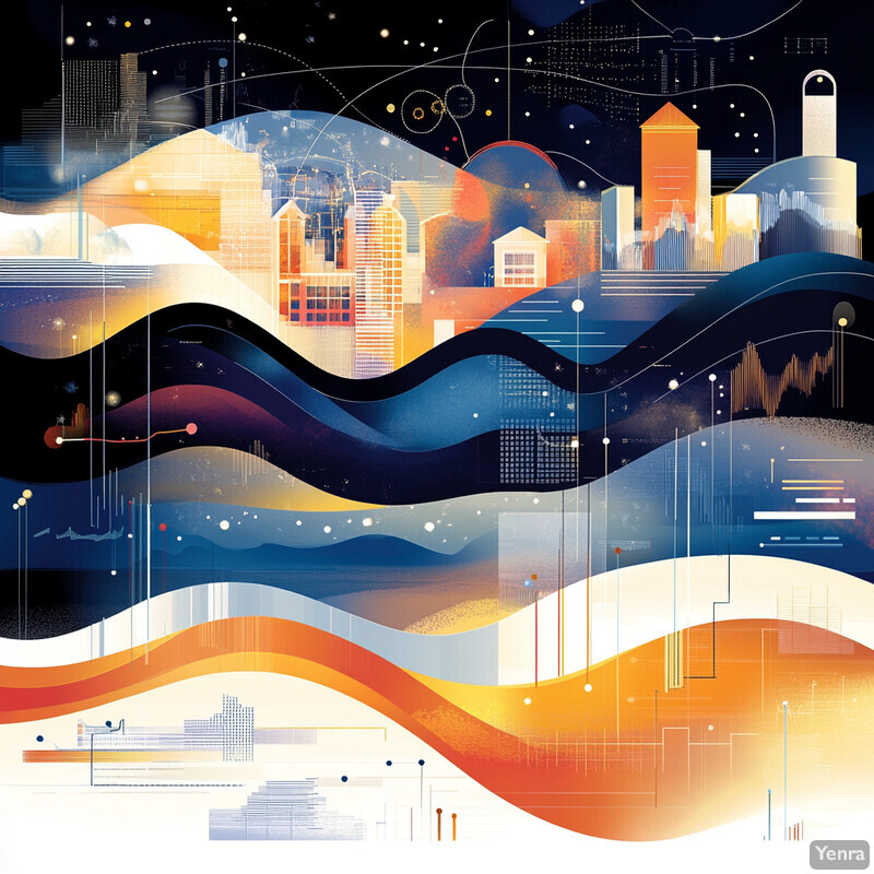 An abstract illustration of a city in motion with dynamic lines and shapes.