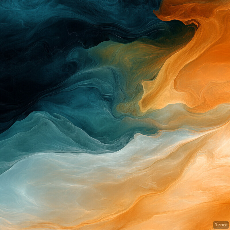 An abstract painting with swirling patterns of orange, blue, and green hues.