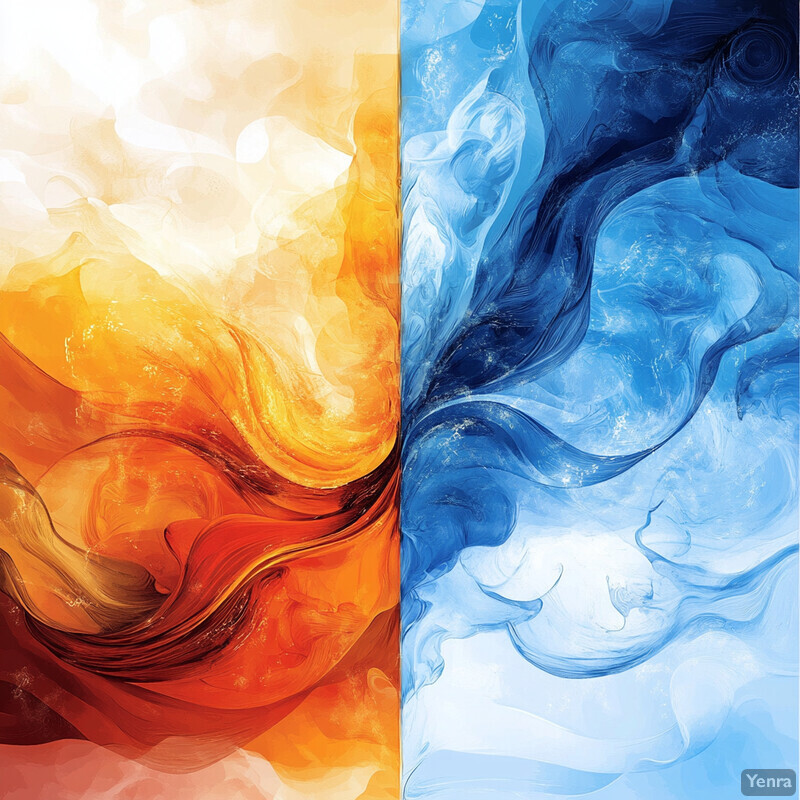 Abstract artwork featuring swirling orange and blue patterns.