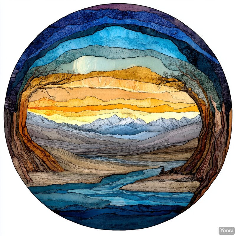 A circular stained glass window featuring a serene landscape with mountains and a river.