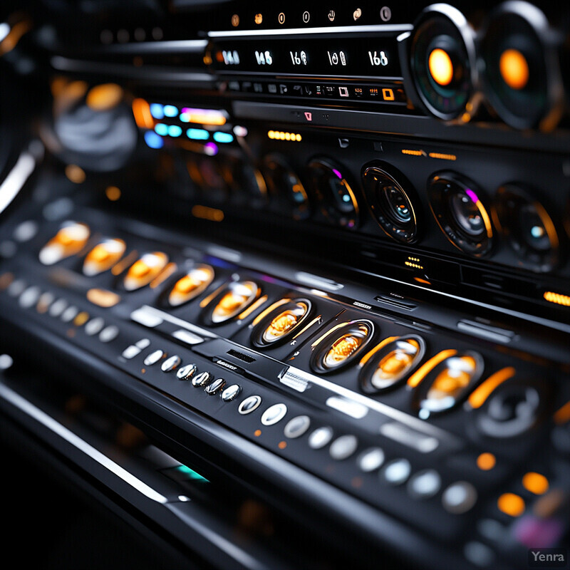 A high-tech control panel with numerous knobs and dials, possibly used in audio or video production.