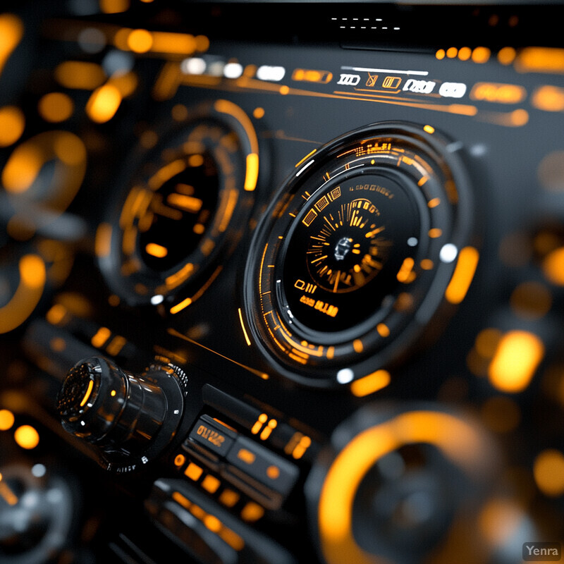 A futuristic dashboard with various gauges and dials, possibly from a high-tech vehicle or machinery.