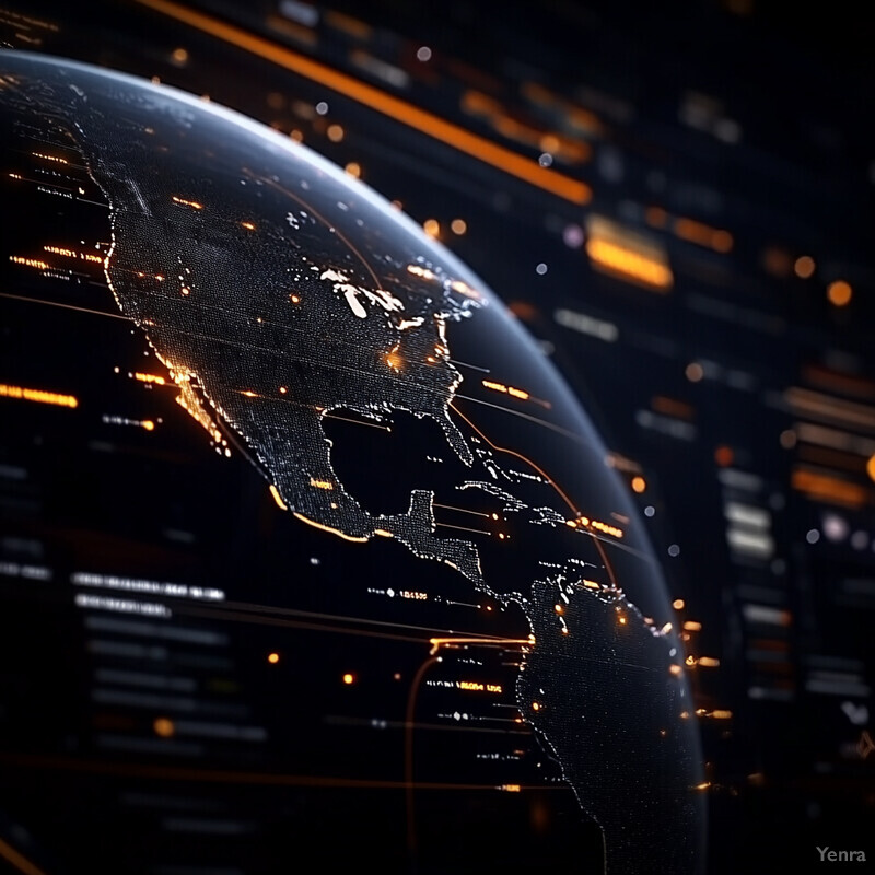 A futuristic representation of global data assimilation at real-time, with a striking black background and subtle white lines tracing continents.