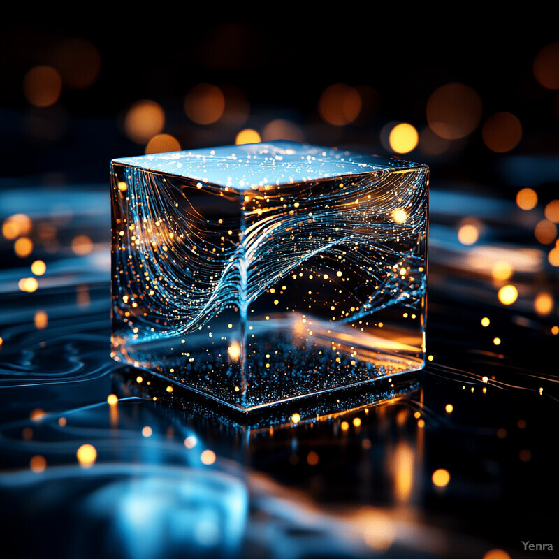 A futuristic scene featuring a glowing blue cube with intricate gold lines and dots, surrounded by smaller cubes and spheres.