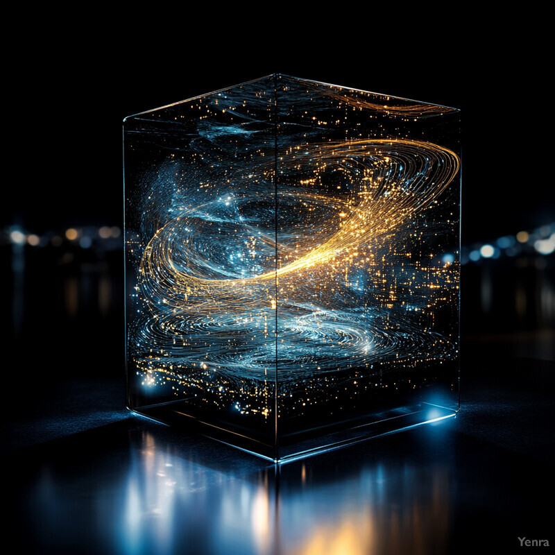 A glass cube or box-like structure contains a swirling galaxy design in shades of blue and gold.