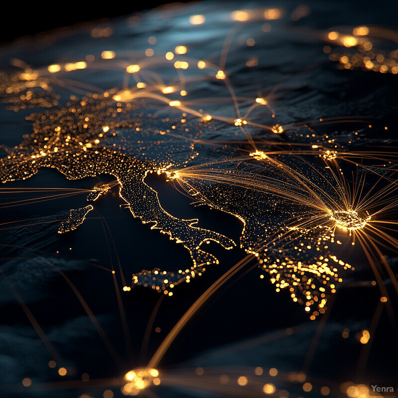 A global network of interconnected nodes and lines, with each node representing a city or location on Earth.