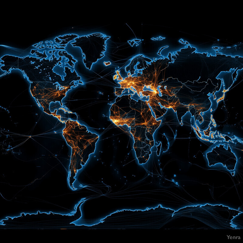 A world map with glowing connections between countries, symbolizing international trade routes or social media networks.