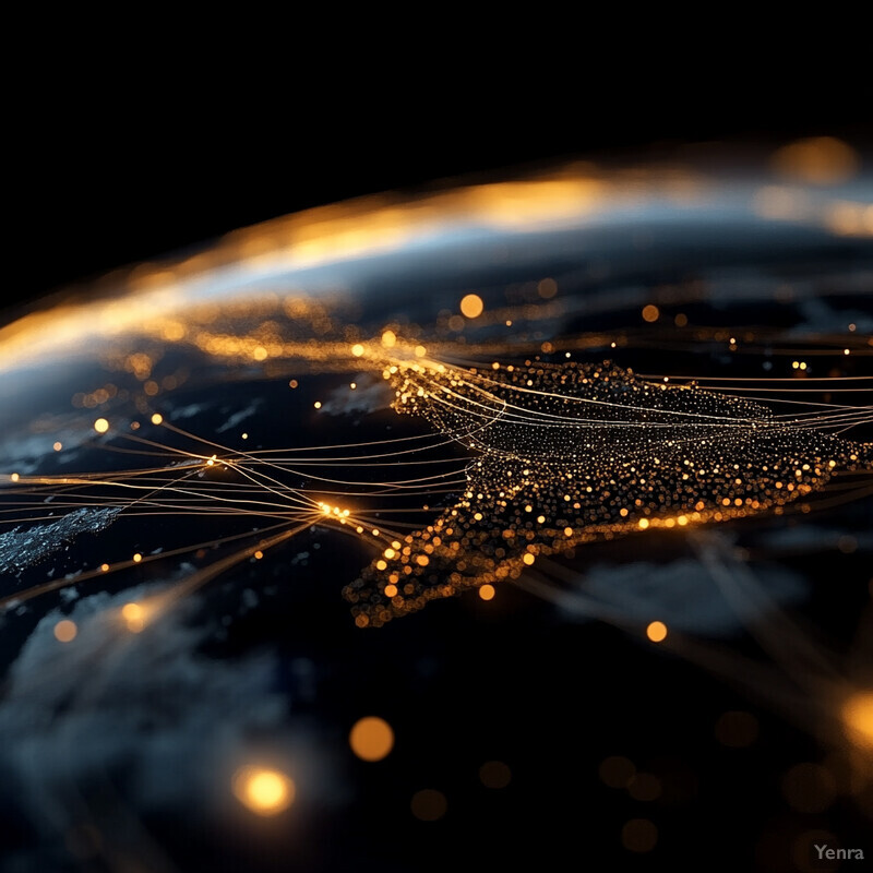 A futuristic representation of global connectivity with lines connecting various locations on Earth.