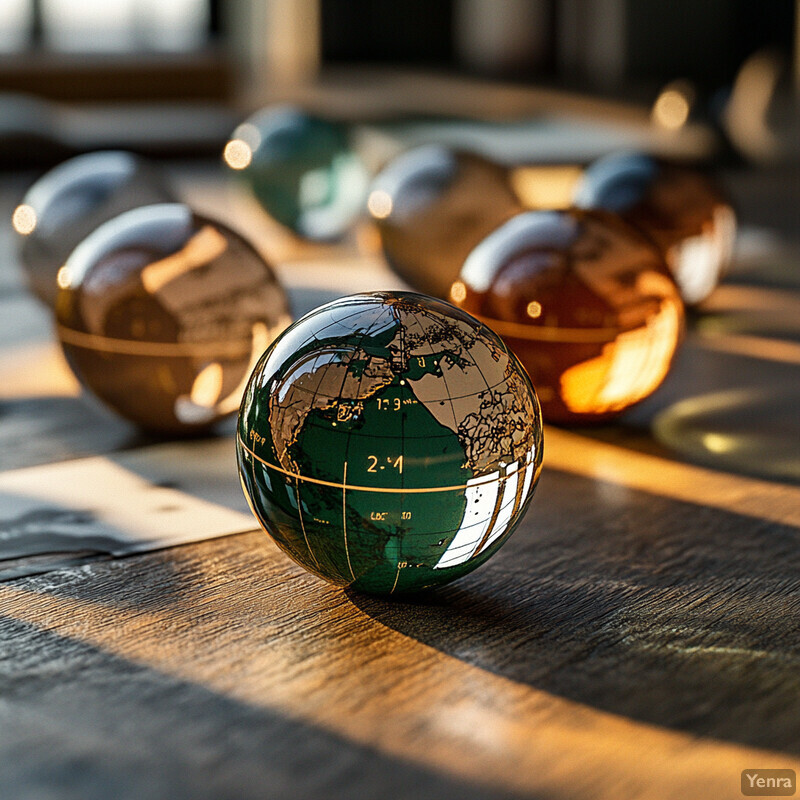 A collection of small glass globes with miniature representations of the Earth's surface, arranged on a wooden table or desk.