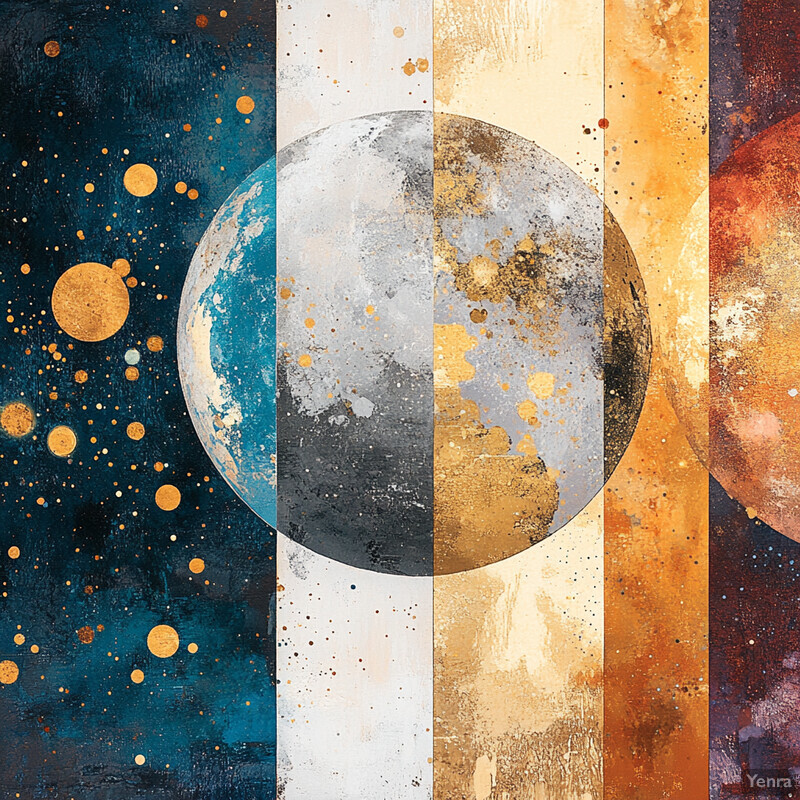 A celestial landscape with planets and stars scattered across it.