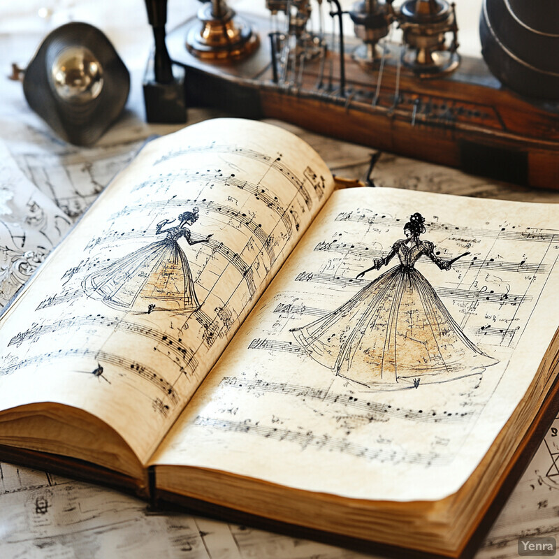 An open book with sheet music and illustrations of women in ball gowns, set against a backdrop featuring a wooden ship model or toy sailing vessel.