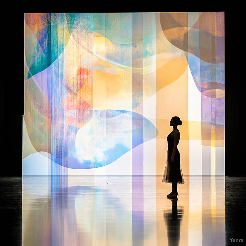 A woman stands in front of a large screen displaying colorful abstract shapes and patterns.