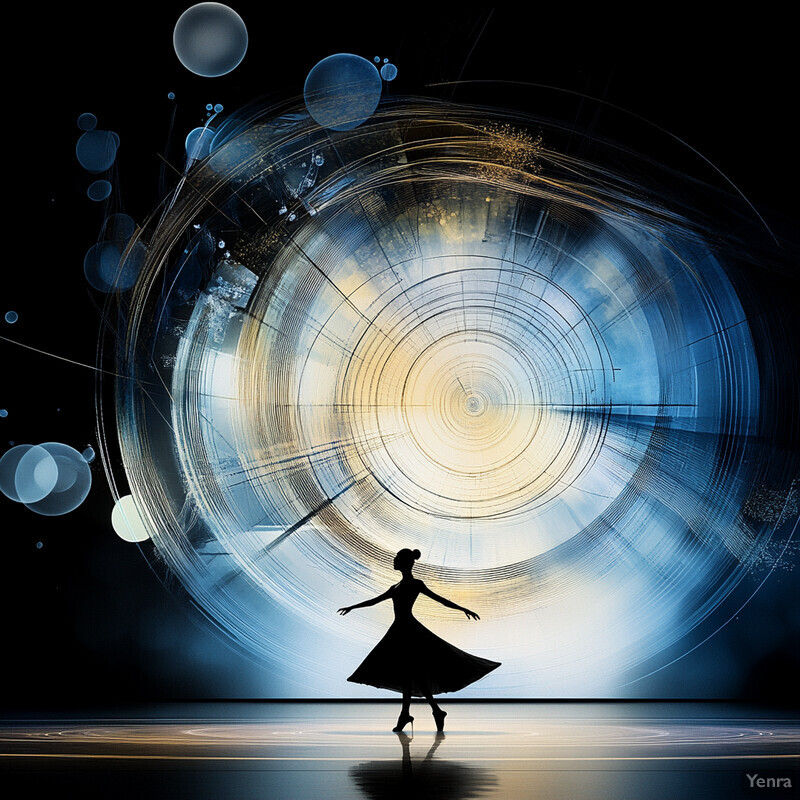 A ballerina in mid-performance on a stage with an abstract background.