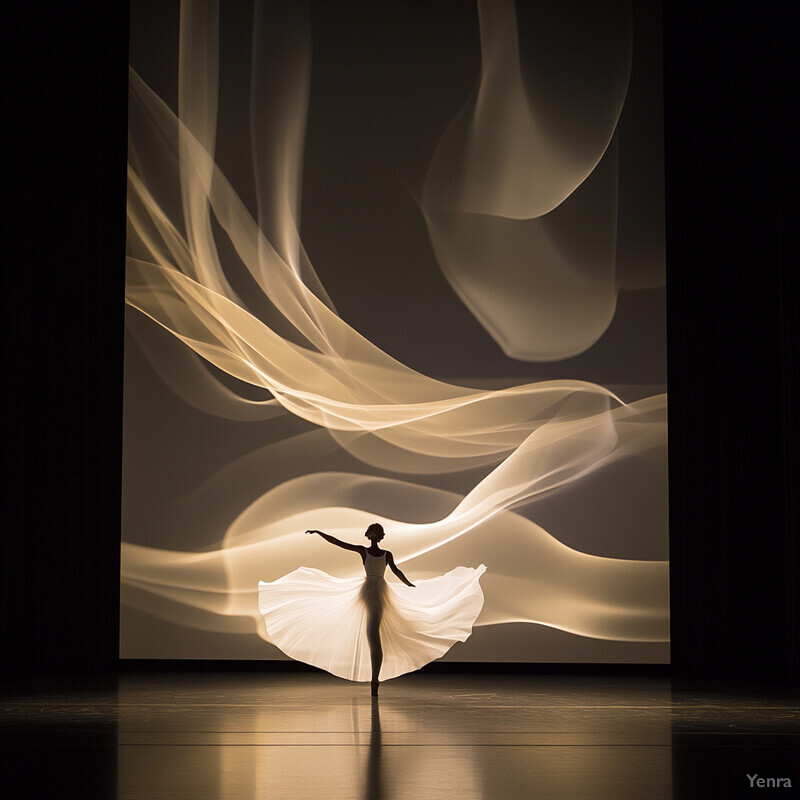 A woman in a white dress stands on stage surrounded by smoke or fog, conveying an atmosphere of serenity and peace.