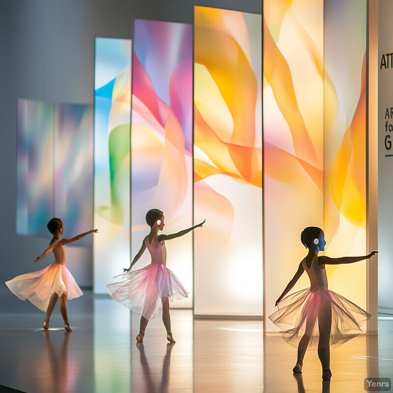 Four ballerinas in pink tutus pose in front of colorful abstract art