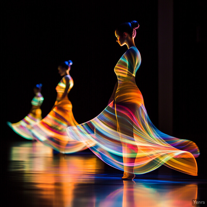 Three women dancing in unison on a stage with colorful lighting.