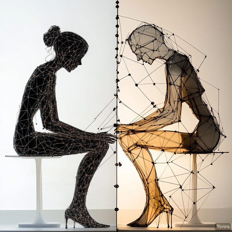 Two wireframe human sculptures sit on stools facing each other, creating an intriguing and enigmatic atmosphere.