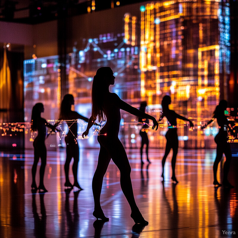 A group of women performing in silhouette against an abstract background.