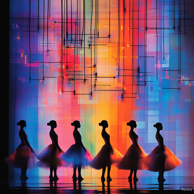 Six ballet dancers standing in a line on stage, showcasing their graceful movements and elegant attire.