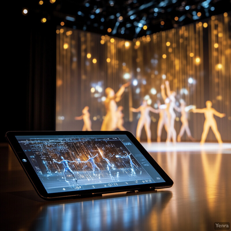 A tablet with an open video editing application is displayed in front of a stage where dancers are performing.