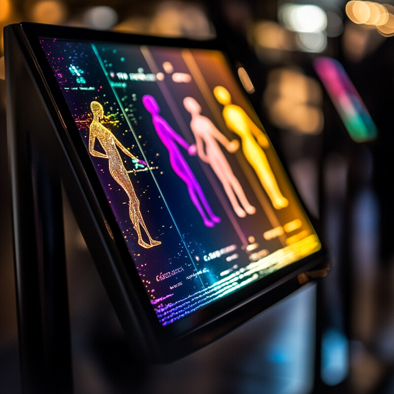 A display screen with three colorful human figures.