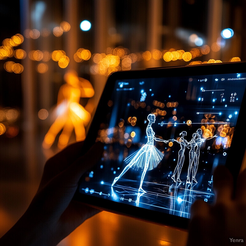 A person holding a tablet with a digital illustration of three dancers.