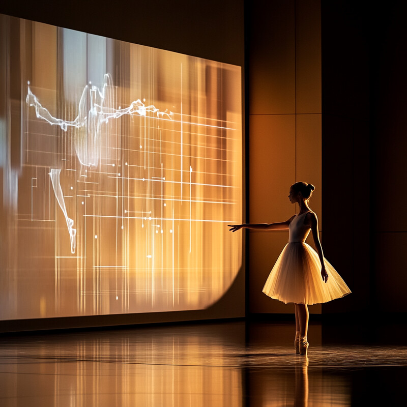 A ballerina stands in front of a screen displaying a graph, likely analyzing her performance data.