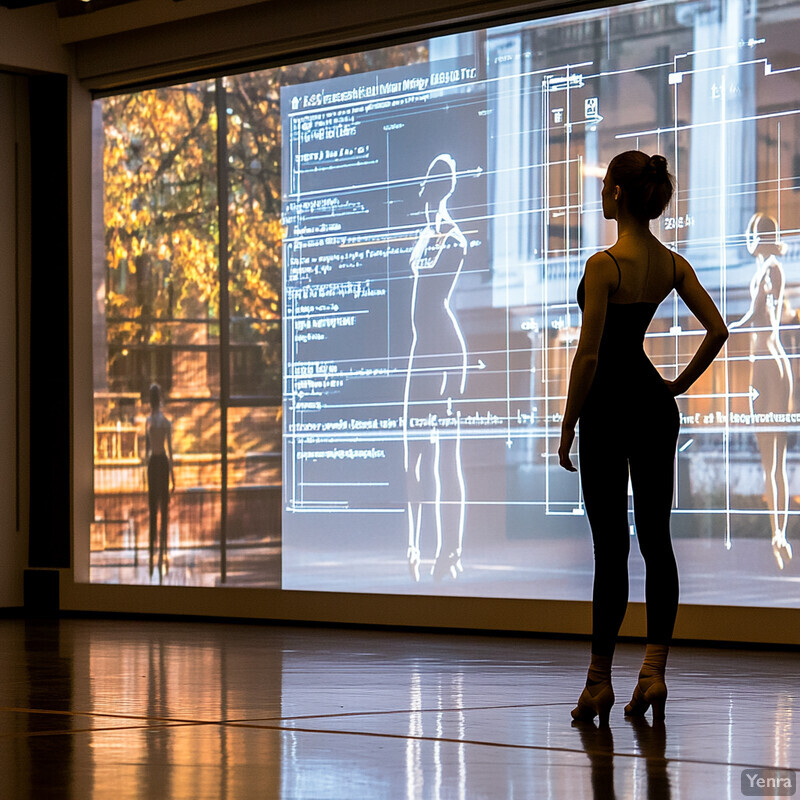 A woman stands in front of a large screen displaying technical diagrams related to dance or ballet.