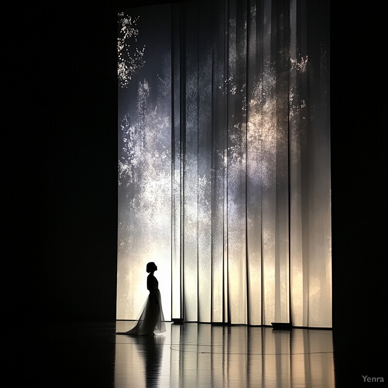 A woman in a white dress stands on stage in front of open curtains.