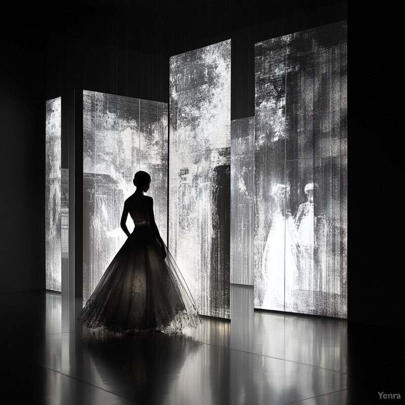 A woman in a long dress stands confidently in front of an abstract wall design.