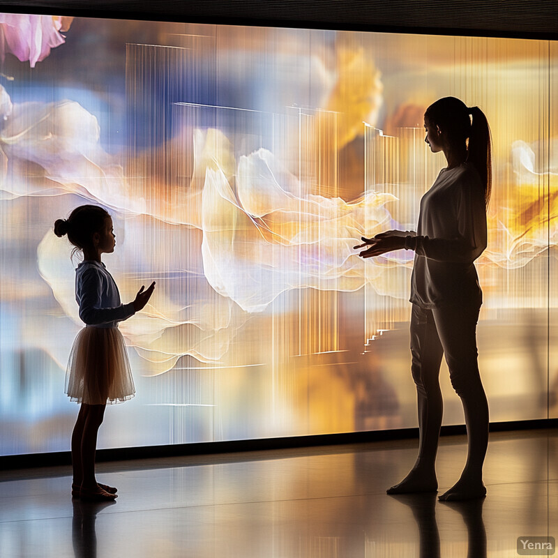 Two people interacting with an immersive tutorial on a large screen.