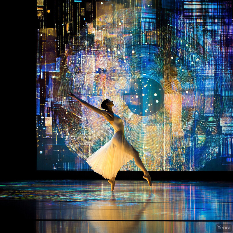 A woman in a white dress standing on a stage looking up at the ceiling.