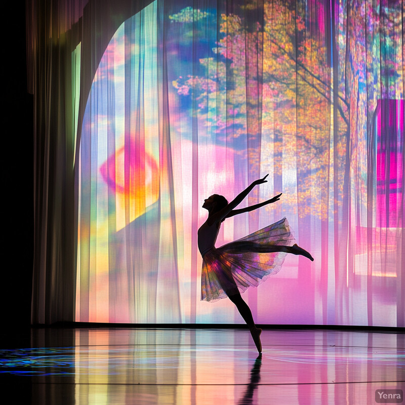 A ballet dancer in pink attire is captured on stage, holding a long ribbon that flows behind her.