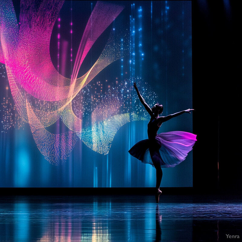 A ballerina on stage, poised in a graceful pose with her arms outstretched.