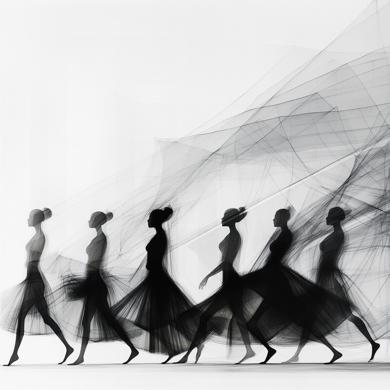 Six women in black tutus are captured in various poses, conveying a sense of dynamic energy and grace.