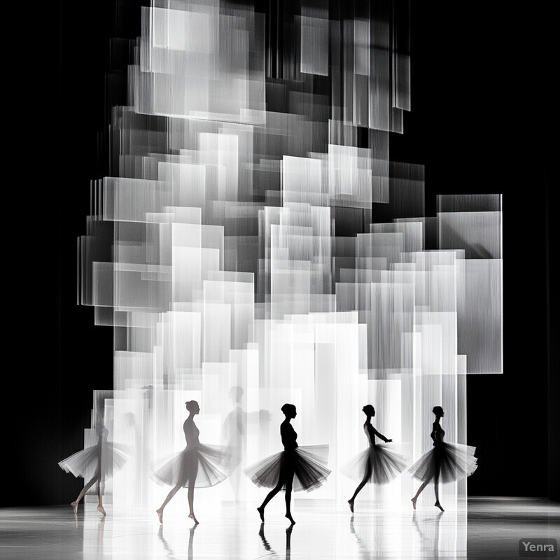 Six ballerinas in silhouette, performing on an indoor theater stage.