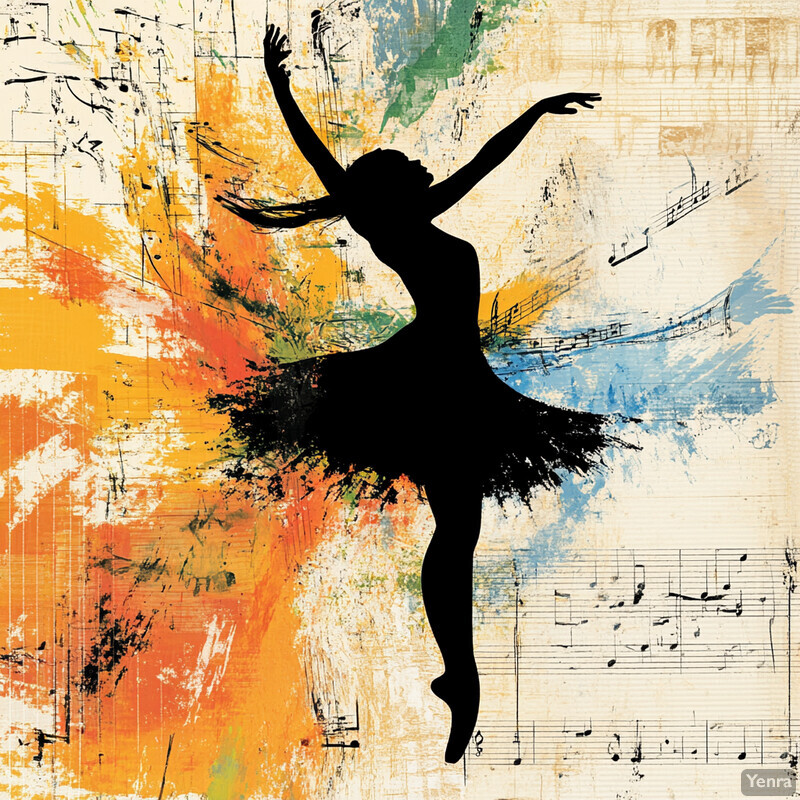 A ballerina in mid-performance against a colorful background of paint splatters and music notes.