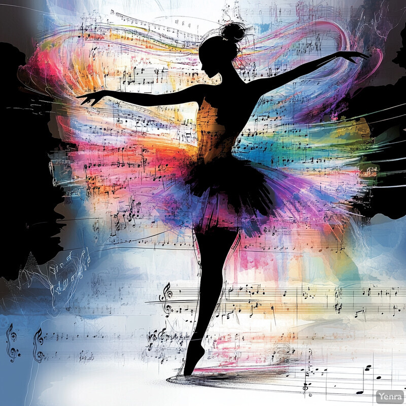 A ballet dancer's silhouette is set against a colorful backdrop of musical notes, capturing the harmony between music and dance.