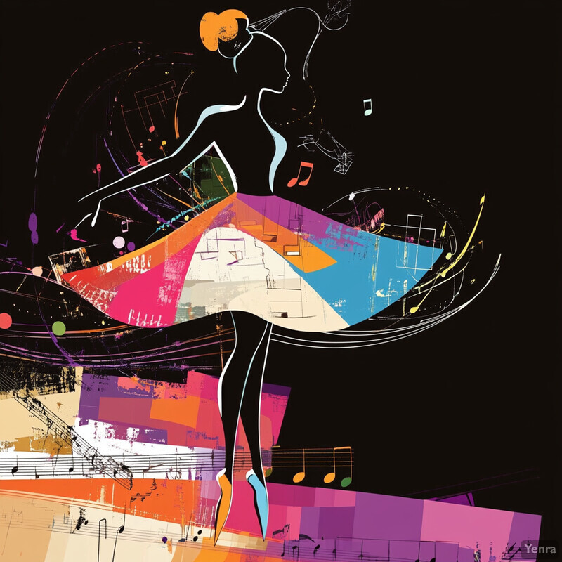 An abstract illustration of a woman dancing, conveying energy and movement.