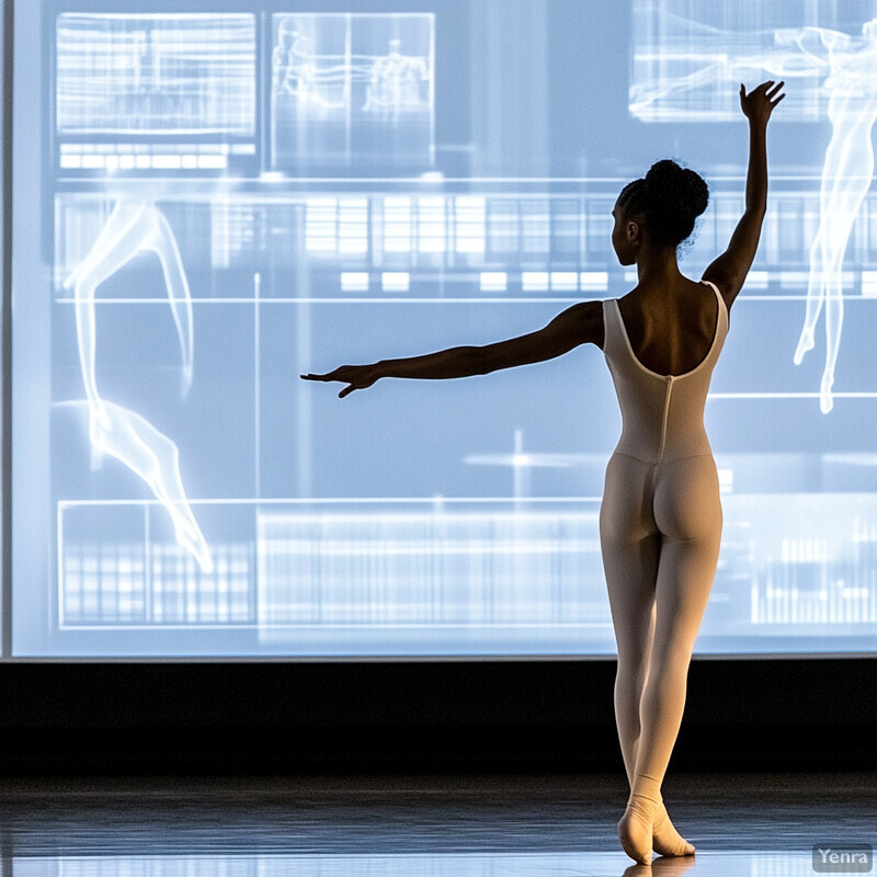 A ballet dancer practices in front of a large screen displaying various poses and movements.