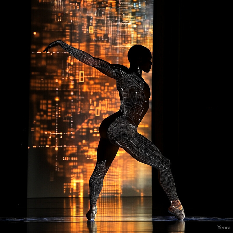 A digital rendering of a human figure with a black mesh-like attire and gold accents, set against a blurred cityscape backdrop.