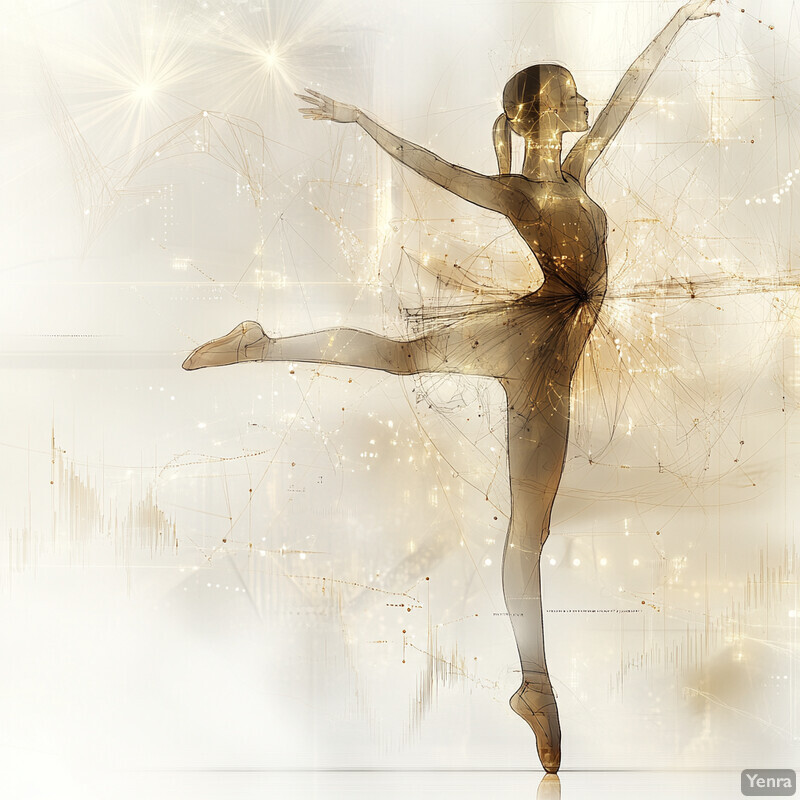 A ballerina in mid-performance against a gold and white background.