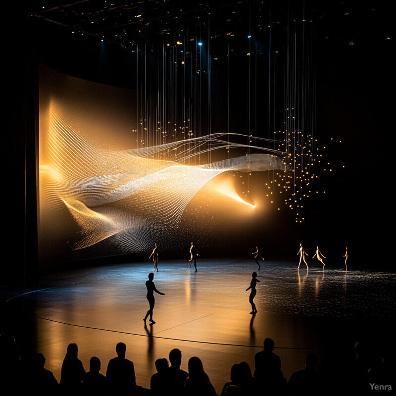 A group of people perform on a stage with a large screen displaying a gold-colored wave pattern.