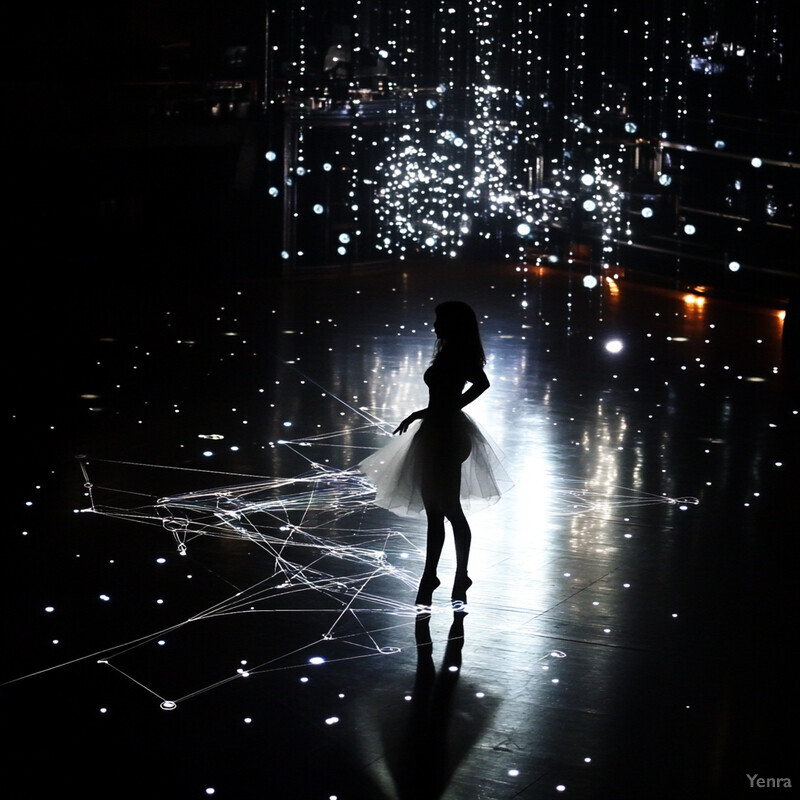 A woman stands confidently in a dark room surrounded by small lights, wearing a short white dress.