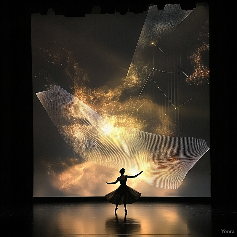 A ballet dancer in silhouette stands on stage with a dramatic gold and black background.