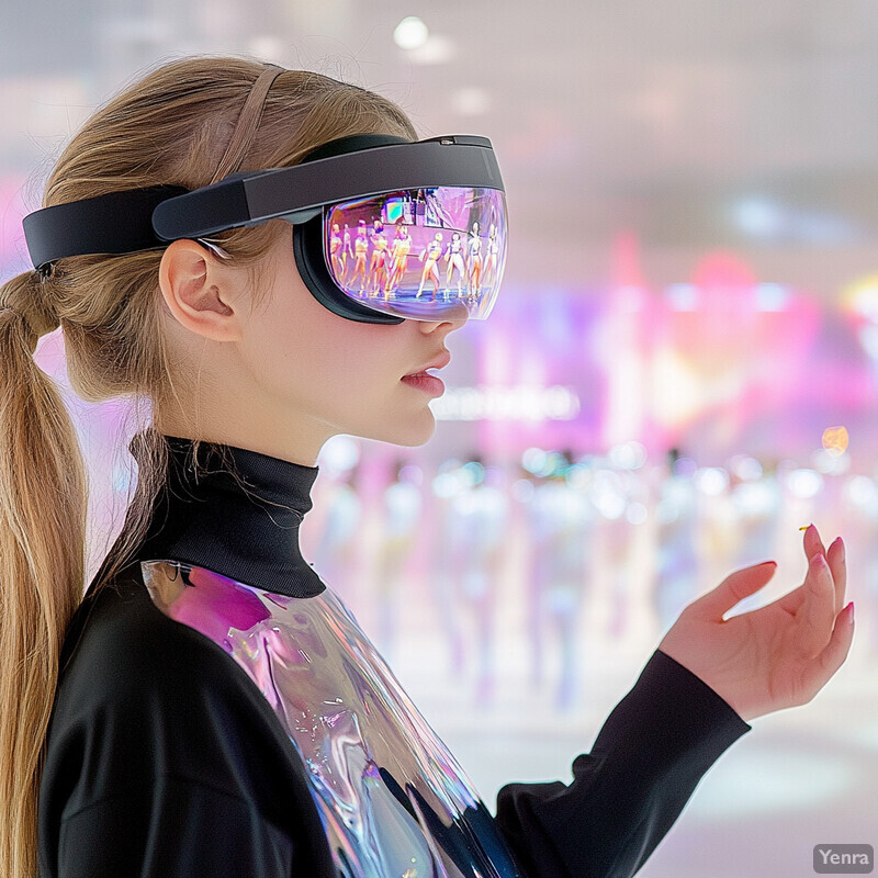 A woman wearing a futuristic headset explores the city.