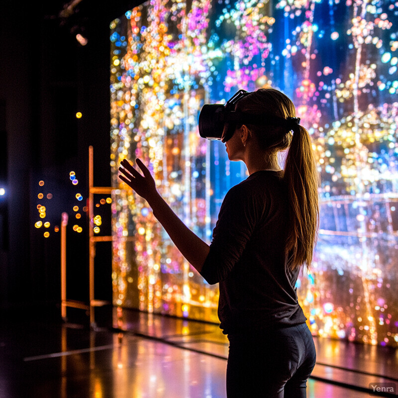 A woman wearing VR glasses stands in front of a large screen displaying an abstract pattern.