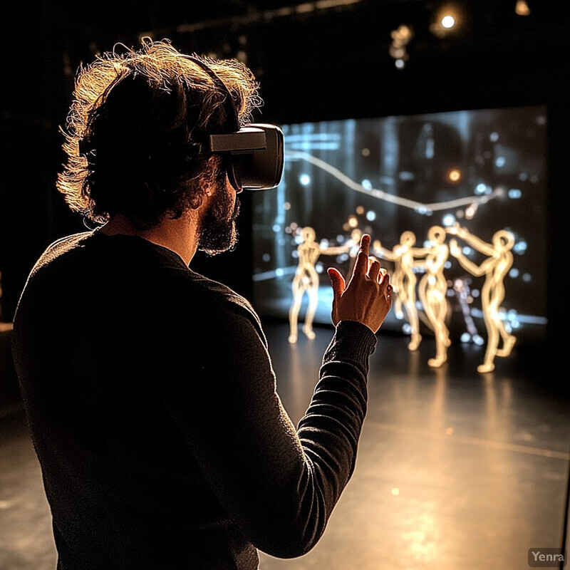 A man wearing virtual reality goggles and gesturing in front of a large screen displaying a futuristic graphic.