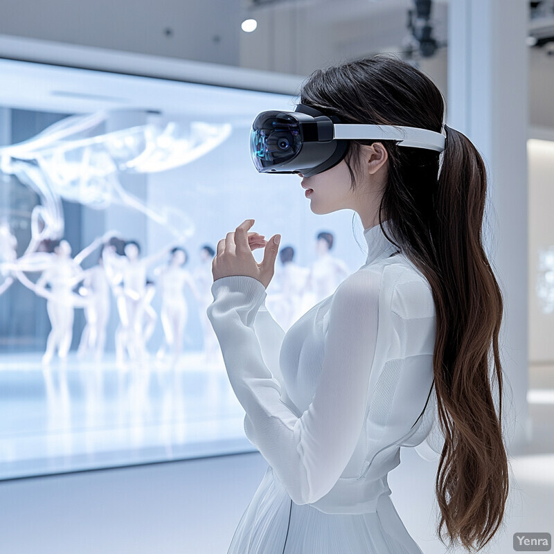 A woman wearing virtual reality goggles stands in front of a large screen displaying a group of people.